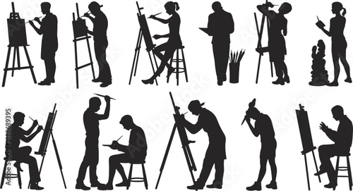 Silhouettes of artists painting, sketching, and sculpting on easels in creative art studio environment, representing artistic education, craftsmanship, and fine art hobby activities.