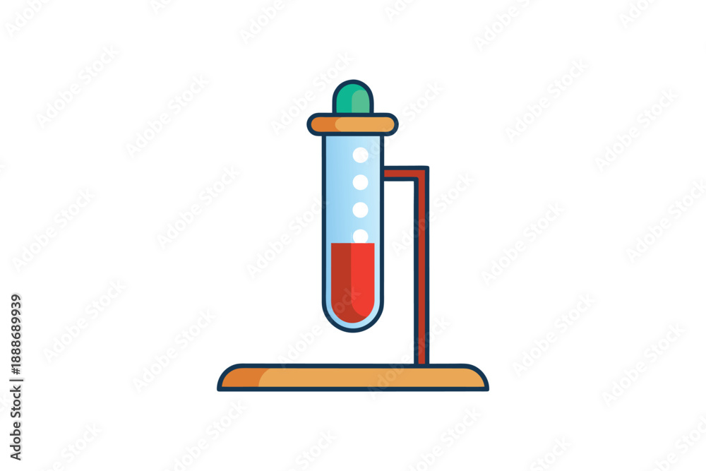 Obraz premium Test tube with red liquid and bubbles in stand, green cap, science lab equipment on white