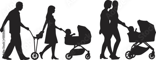 Silhouettes of parents walking with strollers and baby carriages, illustrating modern family life, childcare, parenting, and childhood transportation in an outdoor lifestyle setting.