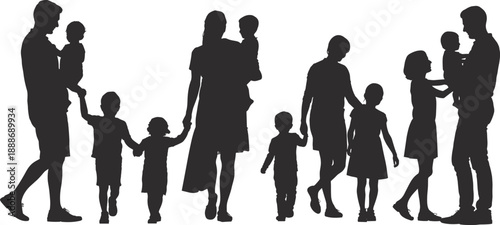 Silhouettes of parents walking with multiple children, representing family bonding, parenting roles, childhood development, connection, and shared outdoor moments across different ages and stages.