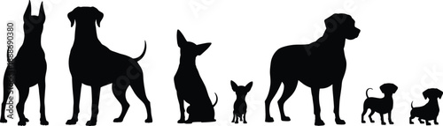 Various dog breeds silhouette lineup showing contrast in size, shape, and posture, illustrating diversity of canine appearance and characteristics in a clean minimal graphic.