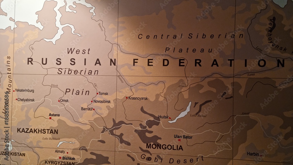 Obraz premium Map of Russian Federation showing geographic features and neighboring countries