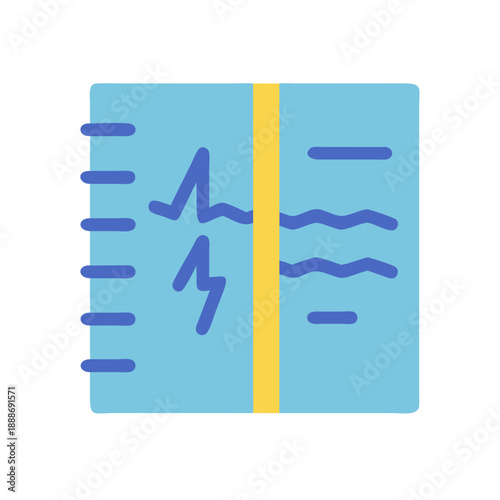 Light blue notebook with graph and waveform icons