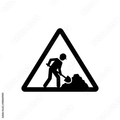 Roadwork sign silhouette with worker and shovel, isolated on transparent background