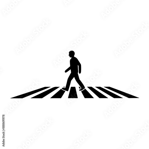 Black silhouette of a person walking across a crosswalk isolated on transparent background.