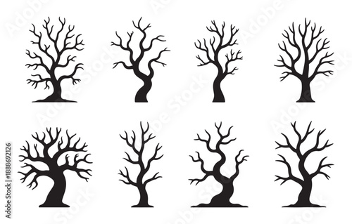 bare tree silhouette set showing seasonal change, winter tree silhouette icons collection, leafless tree silhouettes representing nature cycle