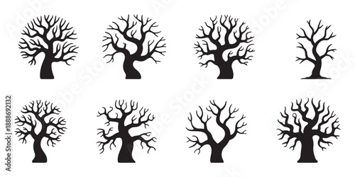 silhouette dead leafless tree. eps scary dead old leafless dry trees realistic vector detailed illustration. silhouette crooked spooky tree set reflecting horror, death, pollution, winter etc concept.