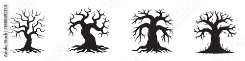 silhouette of dead tree vector illustration. silhouette of trees and branches without leaves. Bare Tree silhouette. Black Branch Tree vector. silhouette of a bare tree