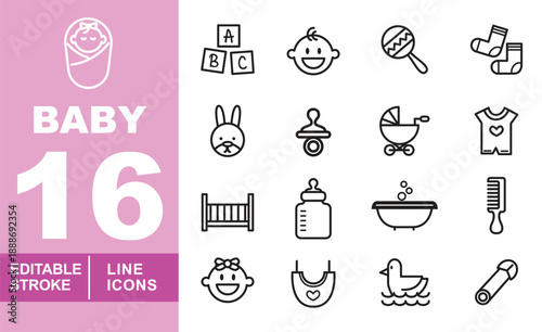 Essential baby care and nursery line icon set. Editable stroke icons for pediatric clinics, parenting apps, and infant retail. Featuring alphabet blocks, smiling baby face, rattles, baby socks, bunny 