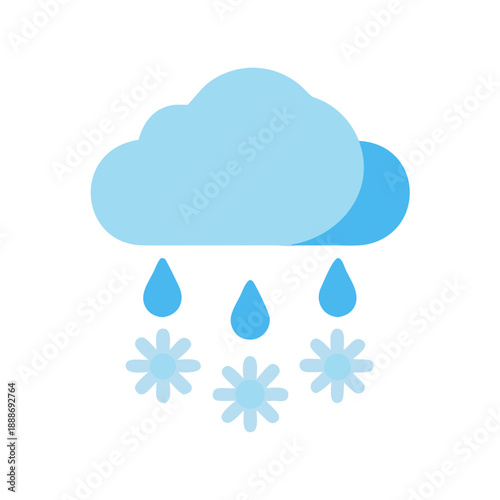 Illustration of a cloud raining snowflakes in blue hues