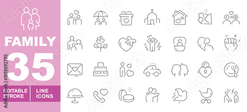 Comprehensive family and relationship line icon set. Editable stroke icons for Wedding planning, Counseling services, and Social media. Featuring Marriage proposals, Church, Pregnancy, Romantic bondin