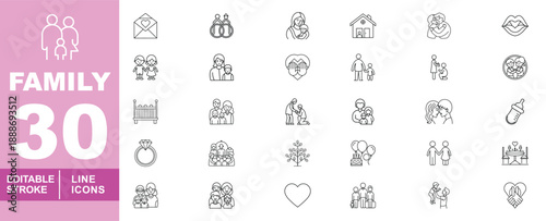 Family and relationship line icon set. Editable stroke icons for Parenting, Love, and Social Connections. Featuring various icons such as Parents with Children, Newborn Baby, Pregnancy, Wedding Rings