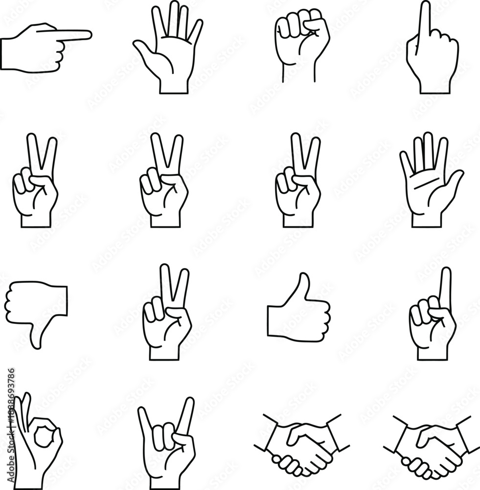 Fototapeta premium Sign Language Icons, Set Hands Set Sign Language Alphabet, Set Of Sign Language Hands, Alphabet Signs, Communication hand