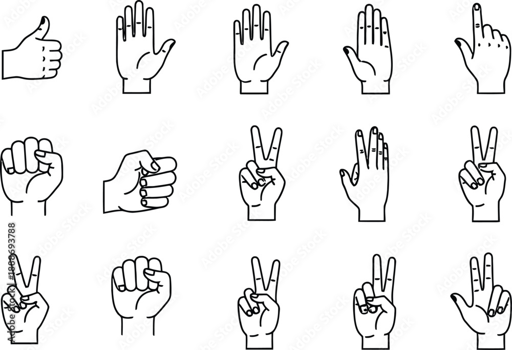 Fototapeta premium Sign Language Icons, Set Hands Set Sign Language Alphabet, Set Of Sign Language Hands, Alphabet Signs, Communication hand