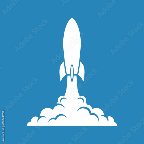 White rocket launching with smoke against a blue background.