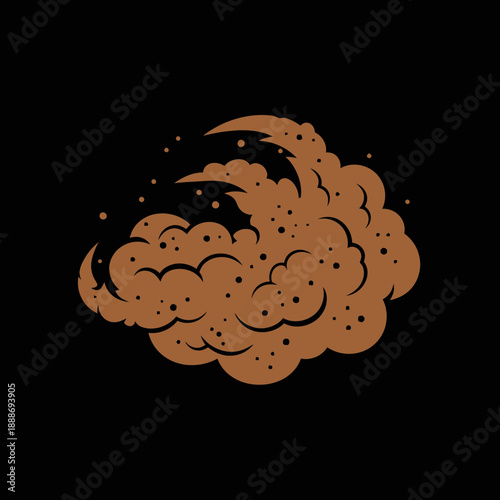 Cartoon-style explosion with smoke and debris in brown color.