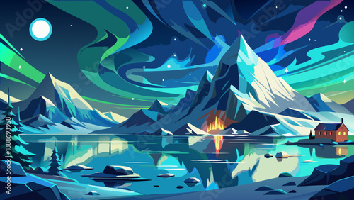 Very beautiful Aurora Borealis illuminates the Lofoten Islands, Norway, dancing above frozen mountains and icy ocean under a silent winter night, creating a magical Arctic travel landscape.