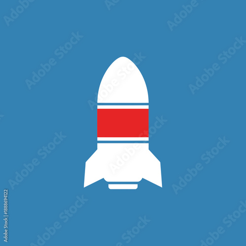 Minimalist rocket icon with white body and red stripe on blue background.