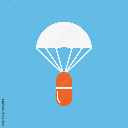 Parachute attached to a capsule, depicted as a graphic icon on a blue background.