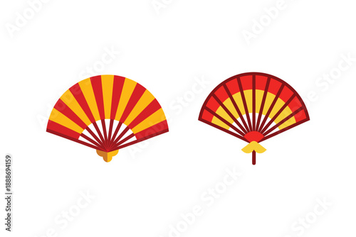 Two traditional Japanese fans open red and yellow colors on white background cultural object accessory for party
