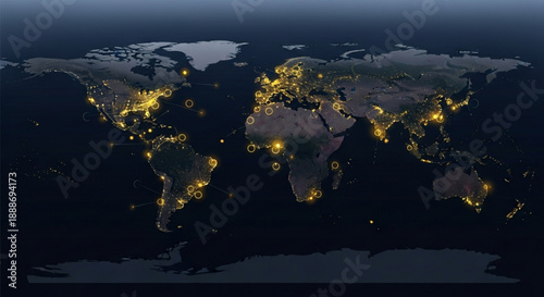 Glowing world map at night with cities lit up global connections and urbanization concept