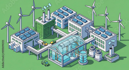 Sustainable industrial complex with solar panels and wind turbines on green field eco friendly factory buildings and renewable energy sources