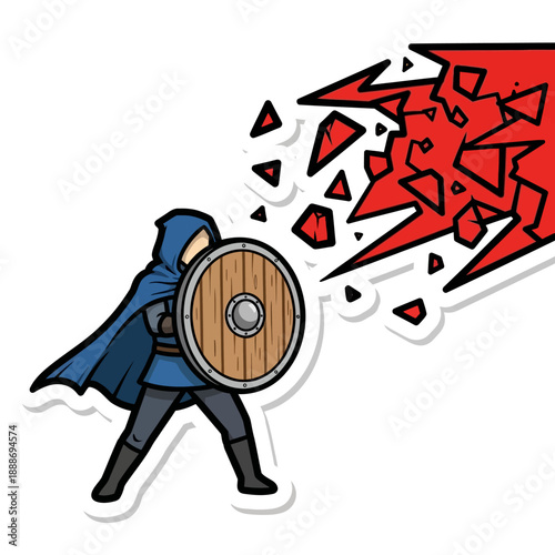 Vigilant warrior in blue cape holds shield against explosive red shards