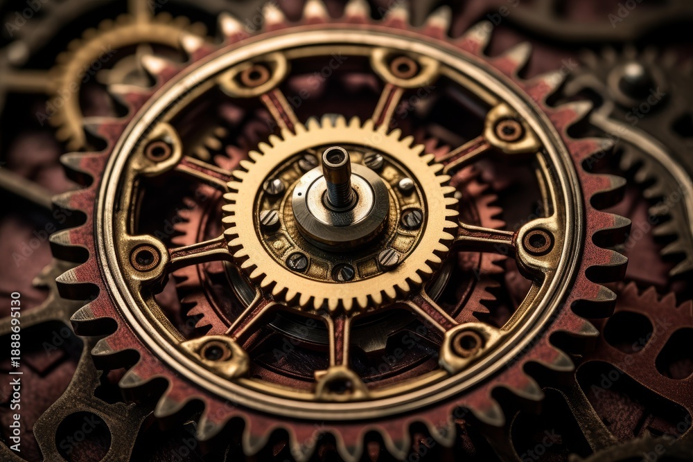 Fototapeta premium Interlocking metal cogwheels spinning in perfect synchronization, showcasing the complexity of a timekeeping mechanism