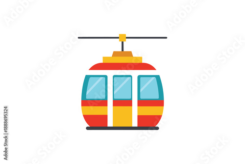 Brightly colored red and yellow cable car with blue windows against a white background