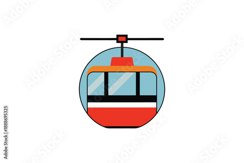 Round framed red and orange cable car with blue windows, minimalist vector illustration