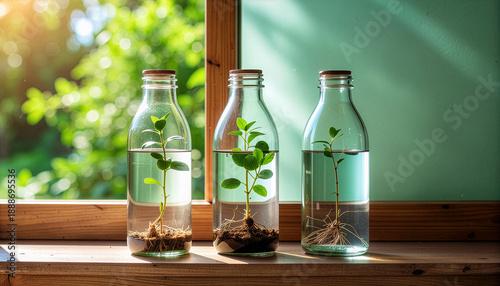 Wallpaper Mural Hydroponic plants growing in glass bottles on a windowsill with bright sunlight, indoor gardening Torontodigital.ca