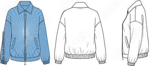 Fashion illustration of blue zip-up jacket with radial stripe pattern and ribbed cuffs in front, back, and side views.