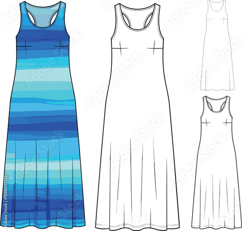 Fashion design illustration of sleeveless striped racerback maxi dress with front and back technical views in black and white.