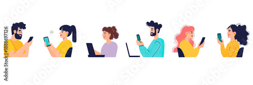 Set of diverse people using smartphones and laptop for communication and work in flat minimalist vector style with white background