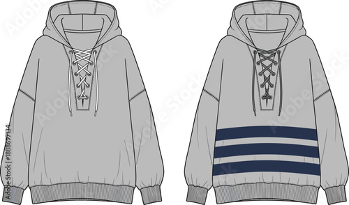 Fashion illustration of lace-up hooded sweatshirt with plain and striped front views showing design variation and construction details.