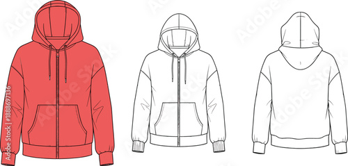 Fashion illustration of hooded sweatshirt with zipper, drawstrings, and pockets in red and technical front and back views.