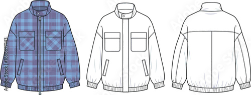 Fashion illustration of plaid zip-up jacket with chest pockets and elastic cuffs in colored front and technical views.