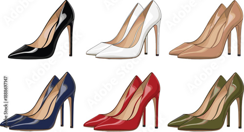 Fashion illustration of pointed-toe stiletto heels in six colors including black, white, red, and navy blue.