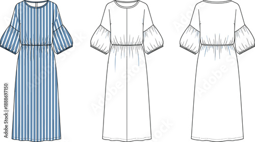 Fashion illustration of puff-sleeve striped dress with cinched waist in colored front and technical front and back views.