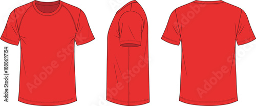 Fashion illustration of red crew-neck t-shirt with short sleeves and seam details in front, side, and back views.
