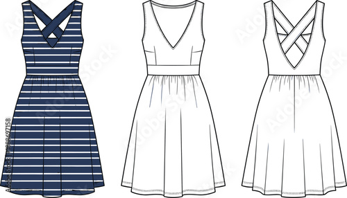 Fashion illustration of sleeveless striped dress with crisscross straps and flared skirt in front and back views.
