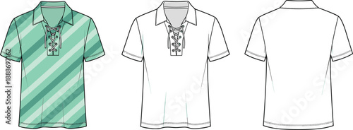 Fashion illustration of short-sleeve lace-up collar shirt with striped color variation and technical front and back views.