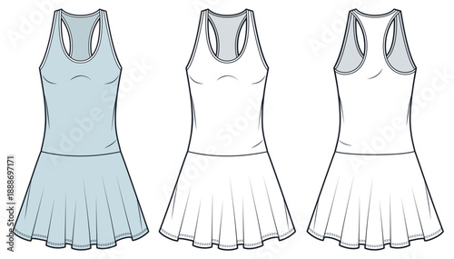 Women Tennis Dress Technical Fashion Illustration. Racerback Jersey Dress fashion flat technical drawing template, skater skirt, front and back view, white, blue, women CAD mockup.