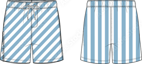 Fashion illustration of striped swim shorts with drawstring waistband in diagonal front and vertical back views.