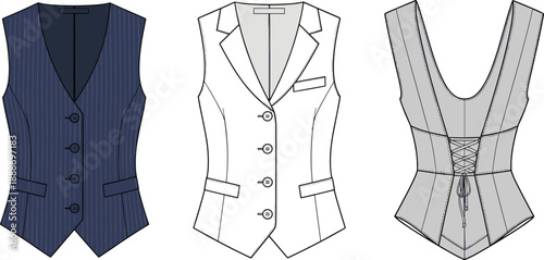 Fashion illustration of three women’s vests with tailored, blazer-style, and corset lace-up designs in front views.