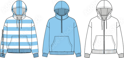 Fashion illustration of three hoodie designs with stripe pattern, solid color, and technical sketch in front and side views.
