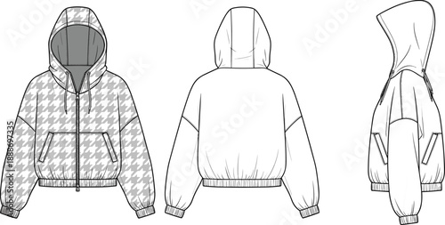 Technical fashion illustration of hooded jacket with houndstooth pattern, zipper, and drawstring in front, side, and back views.