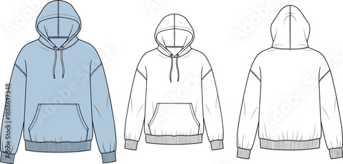 Technical fashion illustration of hooded sweatshirt with drawstrings, front pocket, and stitching details in front and back views.