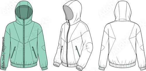 Technical fashion illustration of hooded jacket with zipper, pockets, and seam details in front, side, and back views.