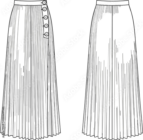 Technical fashion illustration of pleated high-waisted maxi skirt with side button closure in front and back views.